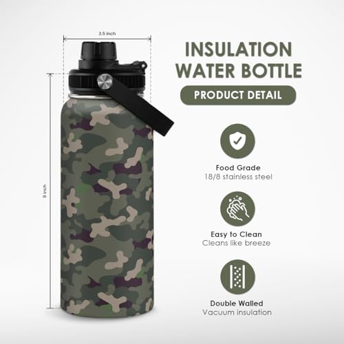 Camouflage Insulated Stainless Steel Water Bottle 32oz, Vacuum Chug Lid Travel Tumbler for Men Friends Dads Grandpa, Birthday Christmas Fathers Day (Woodland Camo) - color: Camouflage 3