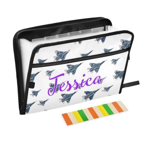 Kcldeci Custom Expanding File Folder with 13 Pockets,Fighter Jet on White Personalized Accordion Document Organizer with Labels, A4 Letter Size Portable Paper Storage for Office School Home Travel - color: Fighter Jet on White