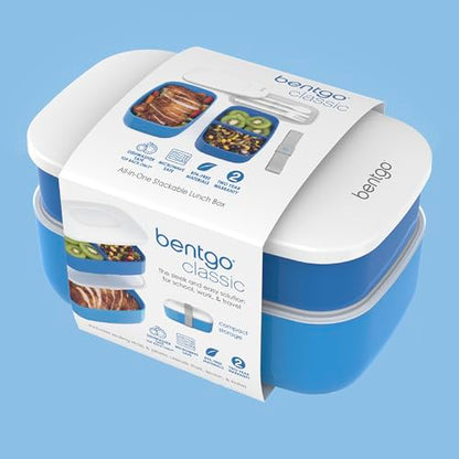 Bentgo Classic - Adult Bento Box, Stackable 3-Compartment Lunch Box with Removable Utensil Set and Sealing Strap, BPA-Free, Food Container Ideal for Meal Prep, Work, and On the Go (Blue) - color: Blue