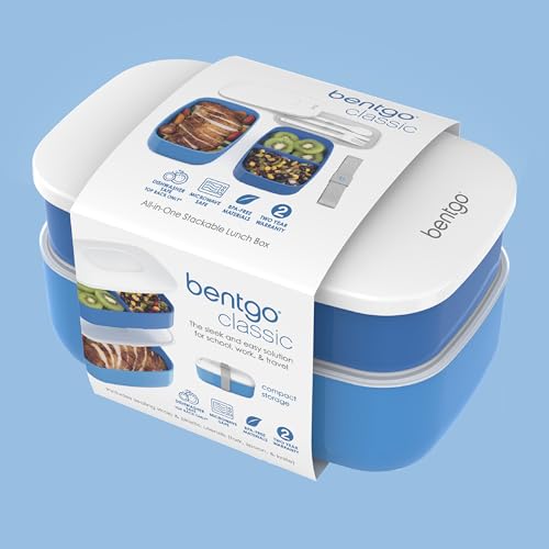 Bentgo Classic Stackable 3-Compartment Adult Bento-Style Lunch Box | Removable Utensil Set and Sealing Strap, BPA-Free, Food Container Ideal for Meal Prep, Work, and On the Go (Blue) - color: Blue