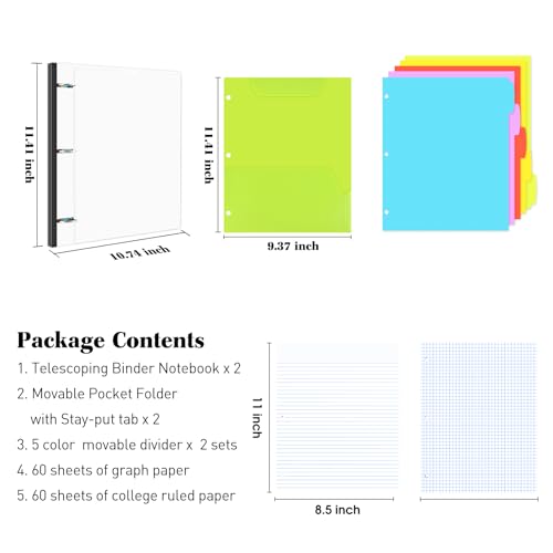 INFUN All-in-one Telescoping Binder Notebook-2PCS, Refillable 3 Ring Notebook Binder with 1 Plastic Movable Pocket Folder,5 Plastic Subject dividers and Graph Paper and College Ruled Paper-White - color: White, size: 2 PCS