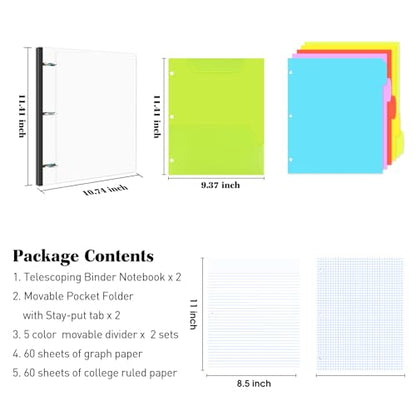 INFUN All-in-one Telescoping Binder Notebook-2PCS, Refillable 3 Ring Notebook Binder with 1 Plastic Movable Pocket Folder,5 Plastic Subject dividers and Graph Paper and College Ruled Paper-White - color: White, size: 2 PCS