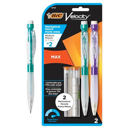BIC Velocity Max Mechanical Pencils, With Colorful Barrel, Medium Point (0.7mm), 2-Count Pack Mechanical Pencils With Erasers and Lead Refills - size: 2 Count (Pack of 1), style: Medium Point