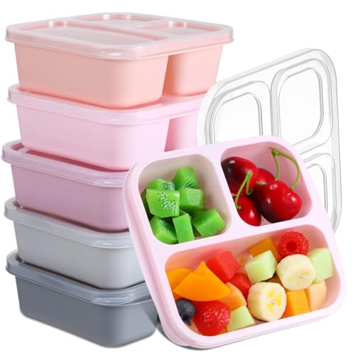 Honeydak 5 Pack Snack Containers 3 Compartment Bento Snack Boxes Divided Meal Prep Containers with Lids Reusable Adults Lunch Food Storage Box for School Work Travel(Pink Gray) - color: Pink Gray