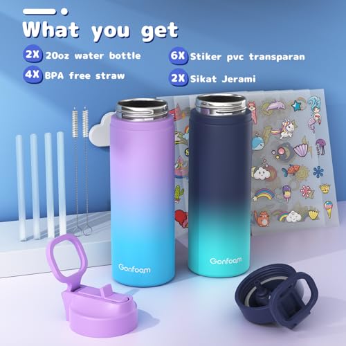Gonfoam 20oz Kids Stainless Steel Insulated Water Bottle, 2 Pack | DIY Stickers, BPA-free, Leak-proof, Sturdy, Keeps Cold 24h, Easy to Carry, Easy to Clean, Back to School, Gifts - color: Blue/Purple, size: 20 Ounces