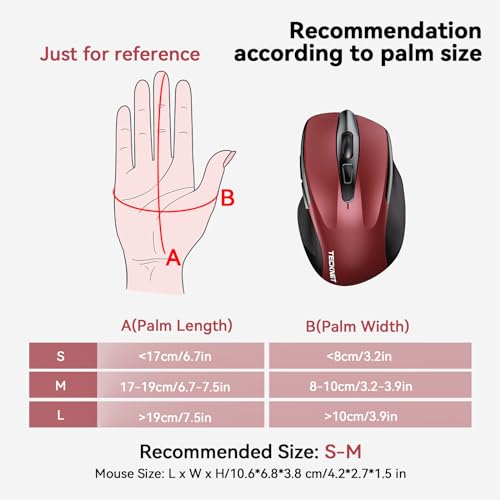 TECKNET Wireless Mouse, BT 5.0/2.4G, Rechargeable 6-DPI Silent, Red | Bluetooth 5.0/3.0 & USB A, 2-Device Easy Switch, Wide OS Compatible, 6 Buttons, 6-DPI up to 4800, Ergonomic for S to M Hands - color: Red