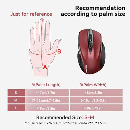 TECKNET Wireless Mouse, BT 5.0/2.4G, Rechargeable 6-DPI Silent, Red | Bluetooth 5.0/3.0 & USB A, 2-Device Easy Switch, Wide OS Compatible, 6 Buttons, 6-DPI up to 4800, Ergonomic for S to M Hands - color: Red