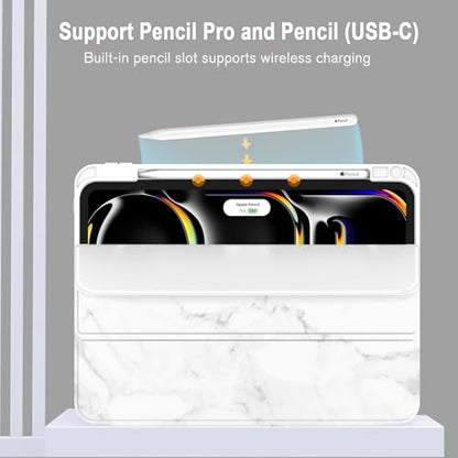ZryXal iPad Pro 11 Inch Case (M5) 2025/ (M4) 2024 (Model: A2836/A2837/A3006), Trifold Stand Smart Cover with Pencil Holder and Soft TPU Back, Auto Wake/Sleep (Marble White) - color: Marble White