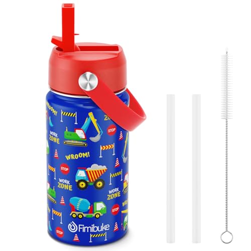Fimibuke Kids Insulated Water Bottle, 14oz BPA FREE 18/8 Stainless Steel Travel Tumbler Double Wall Vacuum Leak Proof Kids Cups with Straw Metal Water Bottles for School Boys Girls (1 Pack, Trucks) - color: A5. Construction Trucks