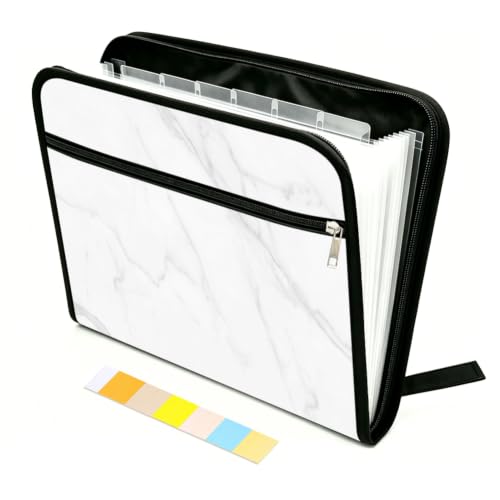 WEBEEDY 13 Pockets Expanding File Folder White Marble Prints Expandable File Folder Organizer with Labels and Zipper, Portable Accordion Document Organiser for A4 Paper Photo Receipt Paperwork - color: White Marble