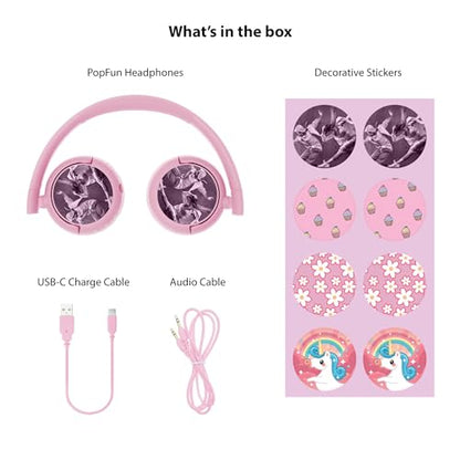 BuddyPhones POP Fun | Foldable Bluetooth Kids Headphones + Microphone, Works Wired or Wireless - SafeAudio Volume Limiting for iPhone/iPad/Tablet/PC and More (Pink)