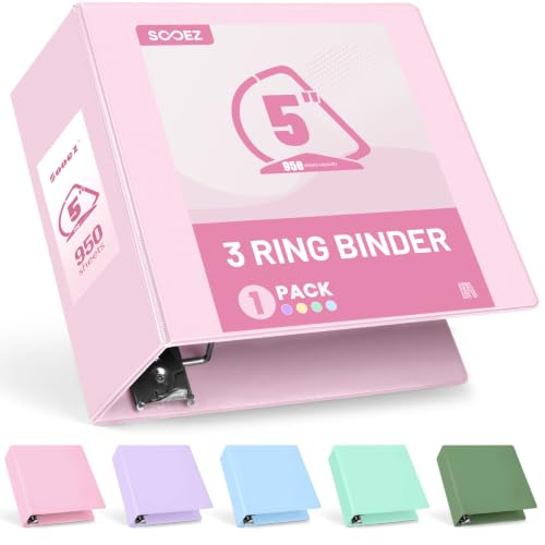 Sooez BinderX Extra Durable 5 Inch 3 Ring Binder, D-Ring Large Binder, Holds 950 Sheets of 8.5x11 Paper, Customizable View Cover with Inside Pockets, Heavy Duty 3 Ring Binder for School, Pink - color: Pink, size: 5 inch