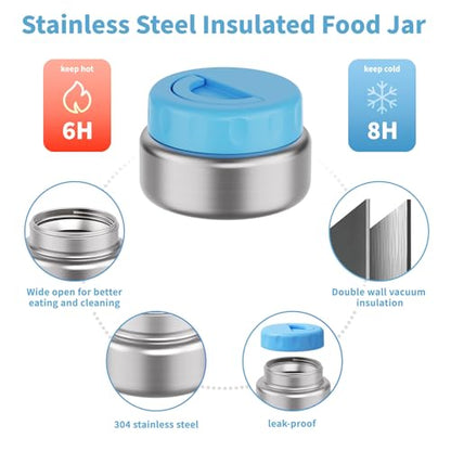 Bento Box for Kids with Thermo Food Container (9oz), 4-Compartment Lunch Box, Adjustable Divider, Leakproof Bento Lunch Box, Includes Utensils & Carry Bag for School, Office(Blue) - color: Blue