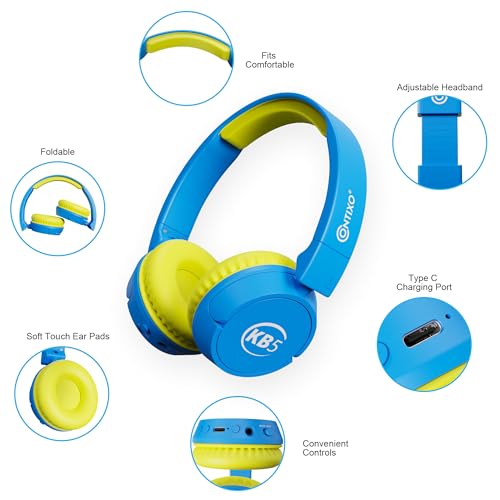Contixo KB-5 Kids Headphones - Over The Ear Foldable Bluetooth Wireless Headphone for Kids - 85dB with Volume Limited - Toddler Headphones for Boys and Girls (Blue + Yellow) - color: Blue