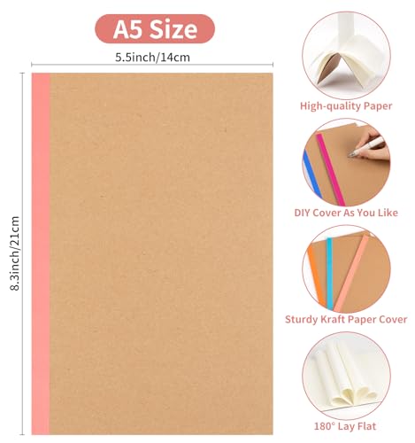 30 Pack Blank Notebook Journals Bulk, A5 Unlined Paper Composition Notebook, 8.3”x 5.5”, Kraft Cover with Rainbow Spines, 15 Colors 60 Pages for School Office Travel - color: Rainbow, style: Blank-30pack