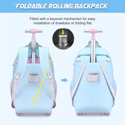 DIGOBAY Rolling Backpack for Girls, Cute Roller School Bag with Wheels, Kids Wheeled Backpacks Set with Lunch Bag Pencil Case for Teen Girls Kindergarten Elementary Middle School - color: Blue-purple