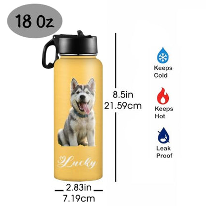 D-Story Personalized Water Bottle with Pets on it, Custom 18 oz Leak-Proof Stainless Steel Insulated Flask with Straw Lid, Funny Picture Gifts for Dog Dad Mom Pet Lovers - color: Pet Picture