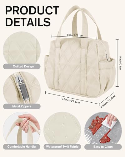 Quilted Puffer Lunch Bag for Women, Insulated Lunch Tote with Foil Lining, Leak-Resistant Reusable Lunch Cooler Bag, Roomy Soft Lunch Box for Work, School, Picnic and Travel (Off White) - color: Off-White