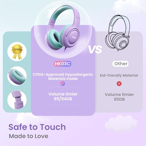 Acer USB-C Kids Headphones - 85/94dB Safe Volume Limited, Foldable Wired Over Ear Headphones for Travel, Toddler Headphones for School, Travel, iPad, Tablet, Purple Green, HK03C - color: USB-C Green-Purple
