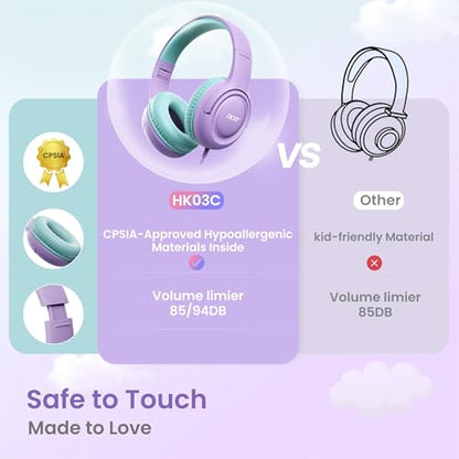 Acer USB-C Kids Headphones - 85/94dB Safe Volume Limited, Foldable Wired Over Ear Headphones for Travel, Toddler Headphones for School, Travel, iPad, Tablet, Purple Green, HK03C - color: USB-C Green-Purple
