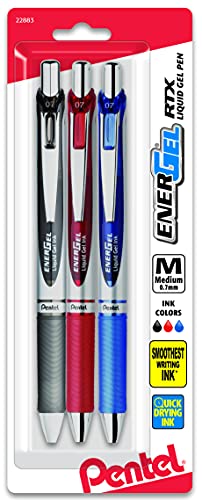 Pentel EnerGel RTX Gel Ink Pens, 0.7 Millimeter Metal Tip, Black/Red/Blue Ink, 3 Packs (BL77BP3M), Assorted - color: Assorted