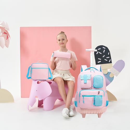Rolling Backpack for Girls 8-12 Backpack for School Elementary Students with Wheels Lunch Bag Pencil Case Kids Backpacks for Girls Primary School - color: Solid Pink