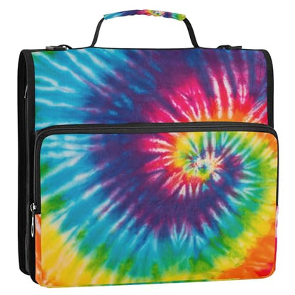 Fisyme Tie Dye Rainbow Zipper Binder 3 Ring with Zipper and Shoulder Strap Large Capacity Multi-Pocket Binder Organizer - color: Multi-colorful