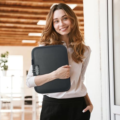 Fireproof Document Box with Lock, Waterproof Hard-Shell File Organizer with 13-Pocket Accordion Folder & Multi-Compartments for Laptop, Documents, Passports & Valuables