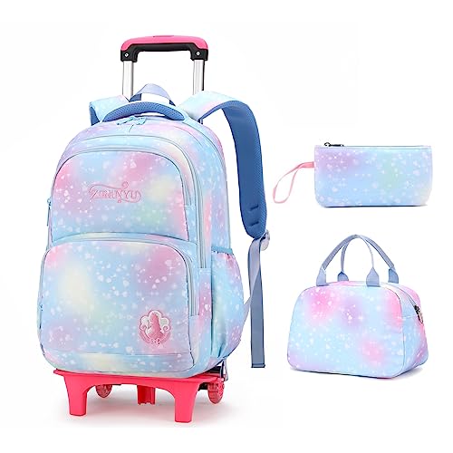 3Pcs Rolling Backpack for Girls Dream Princess Wind Bookbag with Wheels Travel Bag Trolley School Bag with Lunch Box Blue - color: 3 Pcs Blue-2 Wheels, size: 3 Pcs 2 wheels