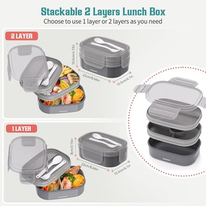 RIKDOKEN Bento Lunch Box, Stackable 2 Layers Containers with Compartments, Portable 64OZ Large Capacity Leakproof Bento Box with Spoon & Fork & Lunch Bag, Microwave Safe Lunch Box for Kids and Adults - color: Gray