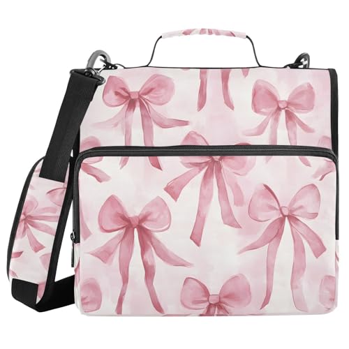 Watercolor Pink Bow Zipper Binder 3 Ring Binder with Shoulder Strap 500 Sheet Capacity Storage Organizer File Folder - color: Multicolored-3