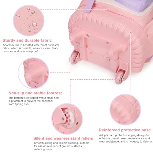 FIXITOK Rolling Backpack for Girls, Kawaii Bunny Roller Wheels School Backpacks with Lunch Bag Pencil case, Wheeled Suitcase Bookbag for Elementary Travel Pink - color: Pink