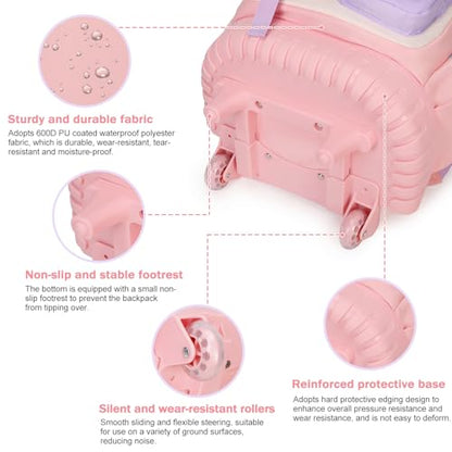 FIXITOK Rolling Backpack for Girls, Kawaii Bunny Roller Wheels School Backpacks with Lunch Bag Pencil case, Wheeled Suitcase Bookbag for Elementary Travel Pink - color: Pink