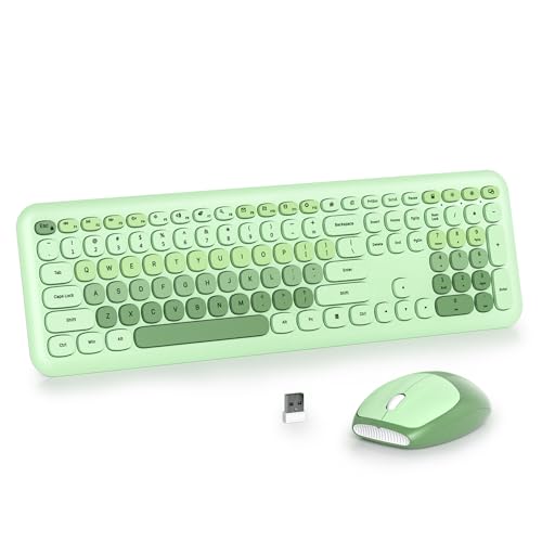 Wireless Typewriter Keyboard and Mouse Combo Retro 104 Key Full Size Office Set Green with Silent Round Keycaps, Ideal for Laptop and Desktop PCs, Cute Design Keyboard (Light Green) - color: Light green mix