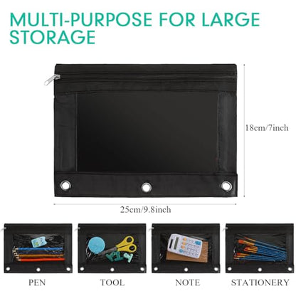 Marspark 30 Packs Pencil Pouch 3 Ring Binder Pen Pouch Cloth Pencil Pouches Zipper Pen Case Bag with Clear Window for School Office Writing Supplies Gifts(Black) - color: Black