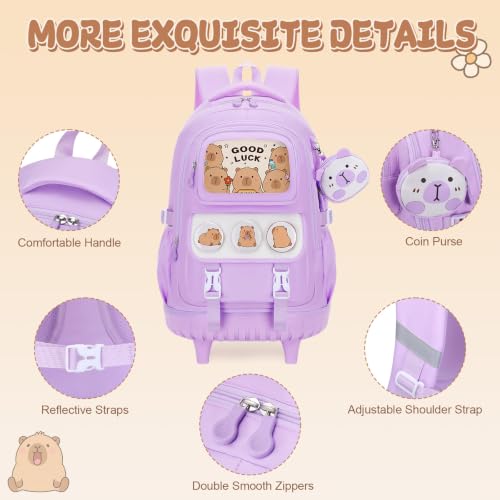 Capybara Rolling Backpack for Girls - 3PCS Girls Backpack Kids Suitcase with Lunch Box & Pencil Case Travel - Capybara Backpack with Wheels for Kindergarten Preschool Elementary (Purple) - color: Purple