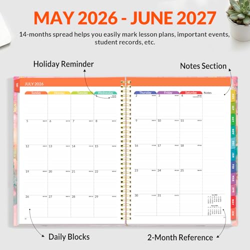 SUNEE Teacher Planner 2026-2027 Academic Year, Lite Lesson Planner Book with 7 Periods Jul 2026 - Jun 2027, 8.5"x11" Daily Weekly and Monthly Organizers, Plan Book with Pocket, Color Tabs, Pink Marble - color: Marble