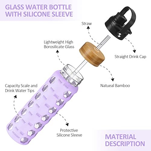 MUKOKO 24oz Glass Water Bottle, Purple | Glass Tumbler with Straw, Drinking Bottles with 2 Lids-Handle Spout Lid & Bamboo Straw Lid, Silicone Sleeve, 1 Pack - color: Purple, size: 24 Ounces