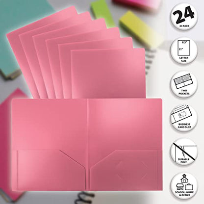 Better Office Products Heavyweight Plastic 2 Pocket Portfolio Folder, Letter Size Poly Folders, 24 Pack (Pink) - color: Pink