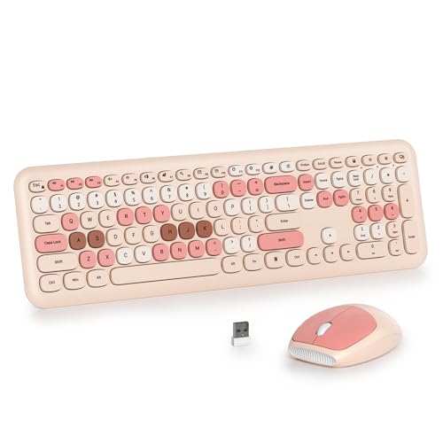 Wireless Typewriter Keyboard and Mouse Combo Retro 104 Key Full Size Office Set Milk Tea Keyboard with Silent Round Keycaps, Ideal for Laptop and Desktop PCs, Cute Design Keyboard (Milk Tea) - color: Milk tea mix