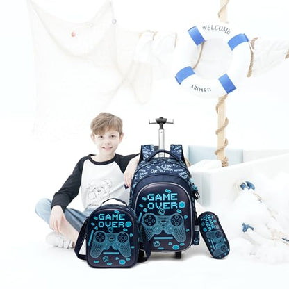 Meetbelify Boys Rolling Backpack with Wheels Kids Luggage for Elementary Students Trolley Trip Carry On Bag for Girls Boys 6-8 - color: Boy Game