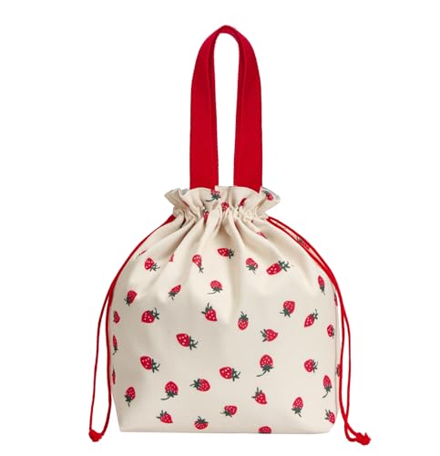 Solid Color & Fruit Print Lunch Bag, Insulated Leakproof Drawstring Pouch with 5mm Anti-Sag Base for Adult Work Commute Picnic (Strawberry Fruit Print) - color: Strawberry Fruit Print