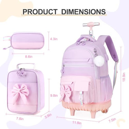 DIGOBAY Rolling Backpack for Girls, Cute Roller School Bag with Wheels, Kids Wheeled Backpacks Set with Lunch Bag Pencil Case for Teen Girls Kindergarten Elementary Middle School - color: Purple-pink