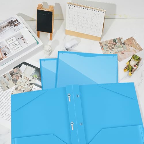 Henoyso 48 Pcs Plastic Folder with Clear Front Pocket and 3 Prongs Heavy Duty Plastic Folders with Card Slot Pocket Folders with Prongs for School Office Home(Lake Blue) - color: Lake Blue