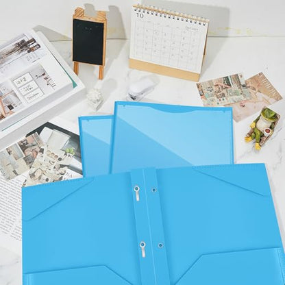 Henoyso 48 Pcs Plastic Folder with Clear Front Pocket and 3 Prongs Heavy Duty Plastic Folders with Card Slot Pocket Folders with Prongs for School Office Home(Lake Blue) - color: Lake Blue