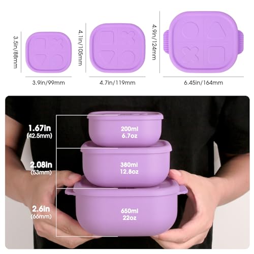 Silicone Bento Box ｜Food Grade & Leakproof Lunch Box Bento with Lids ｜3-Piece Space-Saving Nesting Kit Food Storage Containers Set (Purple) - color: Purple