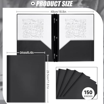 Yeaqee 150 Pack Plastic Folders with Prongs Heavy Duty Plastic 2 Pocket Folder with 3 Prongs, Business Card Slot for Back to School Office Home 11.6 x 9.5 Inch (Black) - color: Black