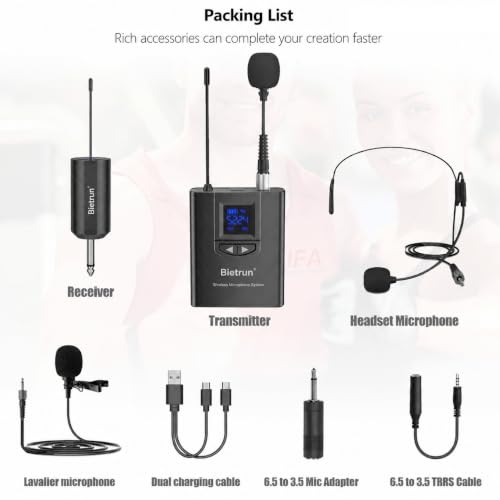 Bietrun UHF Wireless Lavalier Lapel Microphone System/Headset Mic/Stand Mic, 165ft Range, Rechargeable Transmitter Receiver, 1/4" Output, for iPhone,Android,PA Speaker,DSLR Camera,YouTube, Recording