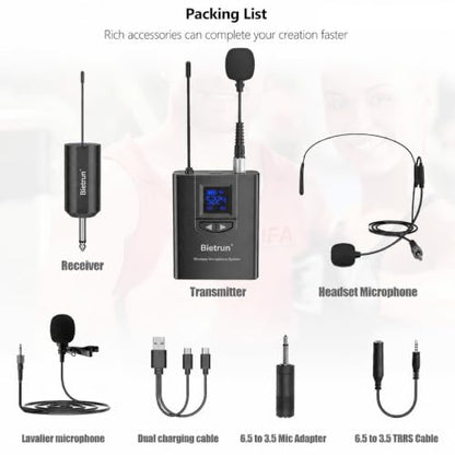 Bietrun UHF Wireless Lavalier Lapel Microphone System/Headset Mic/Stand Mic, 165ft Range, Rechargeable Transmitter Receiver, 1/4" Output, for iPhone,Android,PA Speaker,DSLR Camera,YouTube, Recording