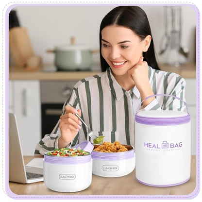 Dandat 2 Pcs Portable Insulated Lunch Containers Thermal Bento Box with Bag Fork Knife Stainless Steel Lunch Box 15.2 oz 21 oz Separate Stackable Food Jar for Adult Men Women(Purple) - color: Purple
